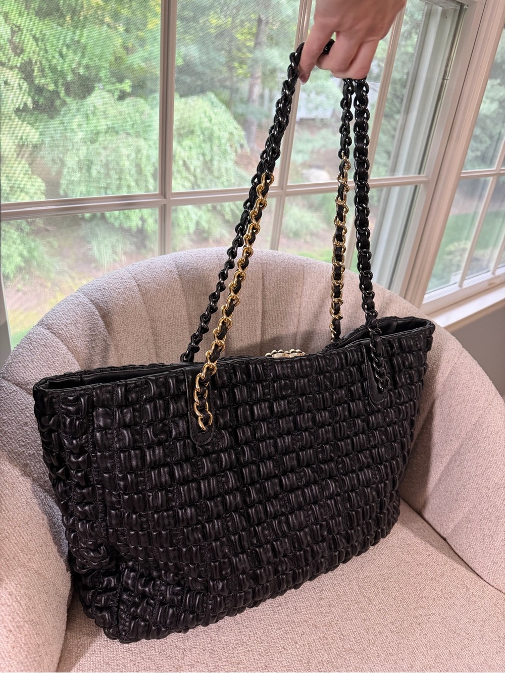 Black Quilted Tote Bag with Gold Chain Accents - Picture 3 of 4
